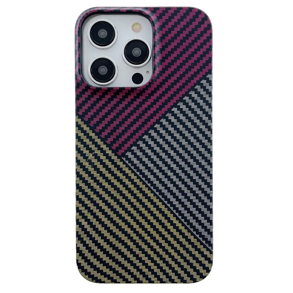For iPhone 14 Pro Cover Shockproof PC Phone Protective Shell Carbon Fiber Texture Design - Red+Black+Yellow - 1