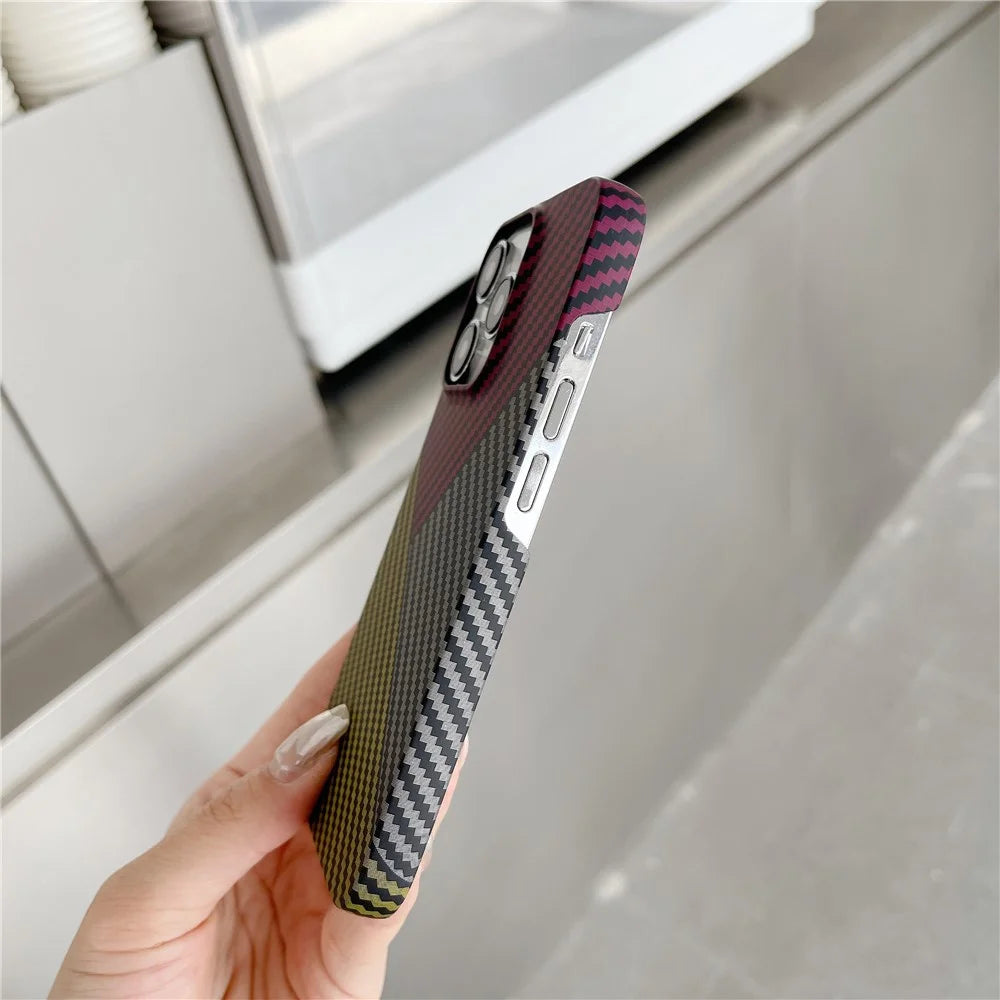 For iPhone 14 Pro Cover Shockproof PC Phone Protective Shell Carbon Fiber Texture Design - Red+Black+Yellow - 3