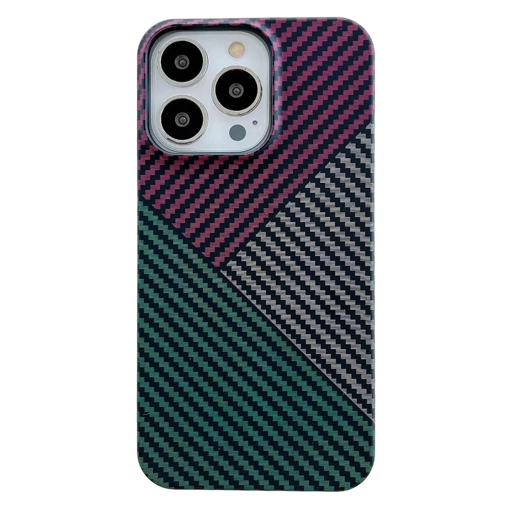 For iPhone 14 Pro Max Case Shockproof PC Phone Back Cover Carbon Fiber Texture Shell - Red+Black+Green - 1