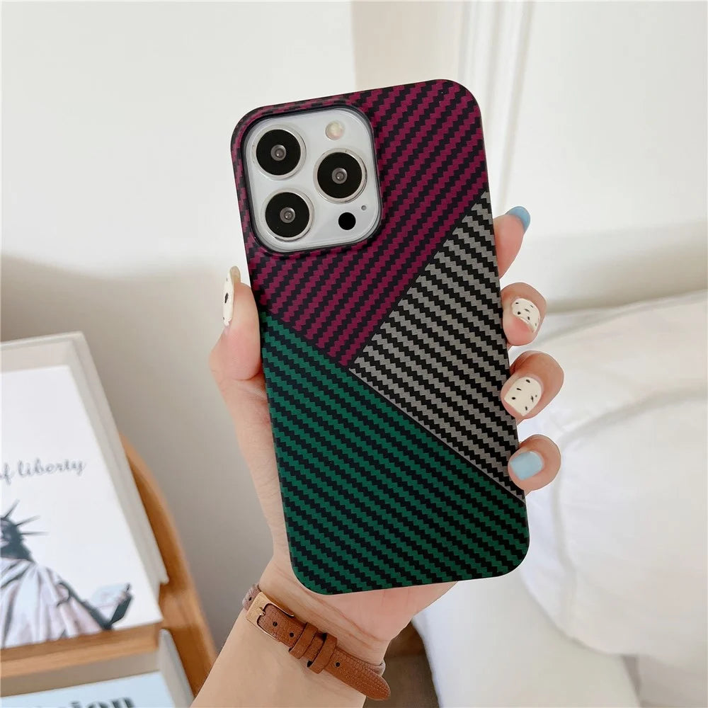 For iPhone 14 Pro Max Case Shockproof PC Phone Back Cover Carbon Fiber Texture Shell - Red+Black+Green - 2