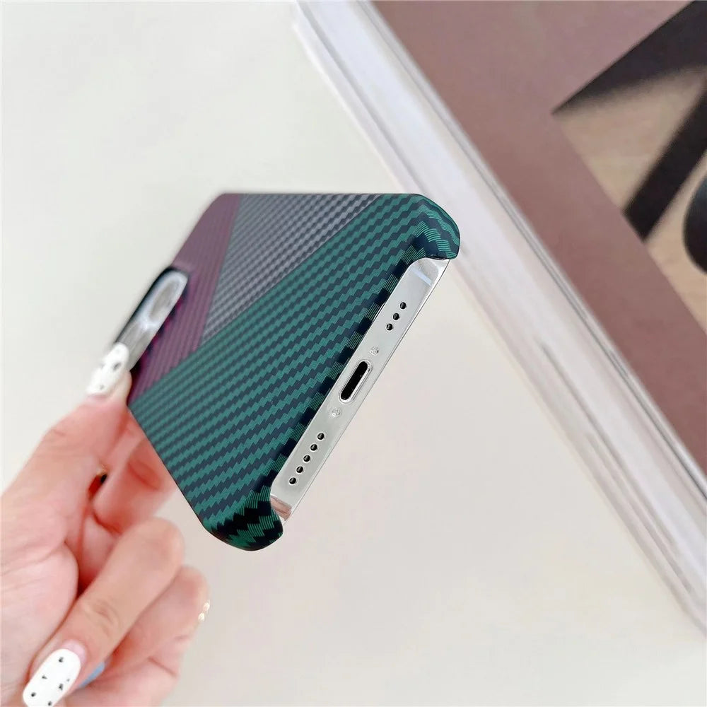 For iPhone 14 Pro Max Case Shockproof PC Phone Back Cover Carbon Fiber Texture Shell - Red+Black+Green - 3