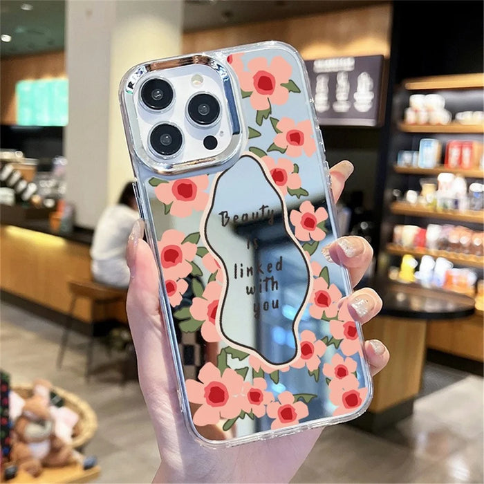 For iPhone 15 Pro Max Phone Case Pattern Design Mirror Surface Acrylic+TPU Phone Cover - Red Flower - 2
