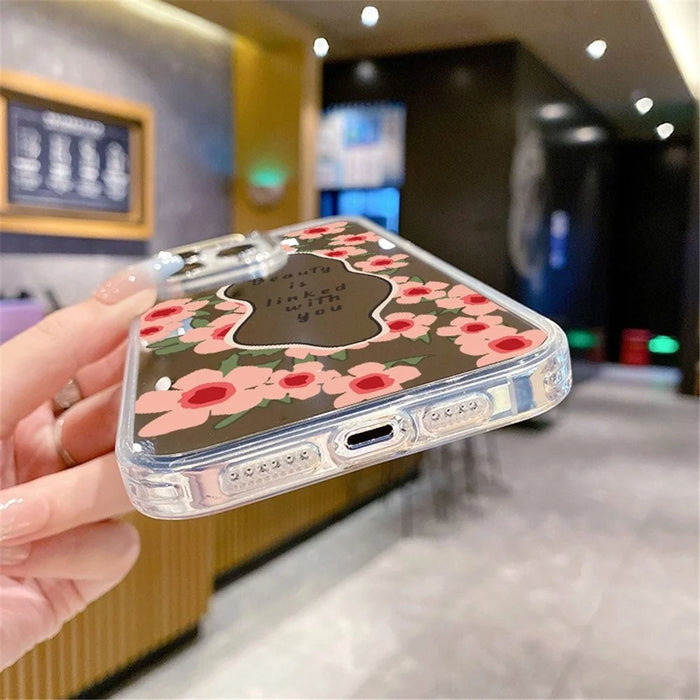 For iPhone 15 Pro Max Phone Case Pattern Design Mirror Surface Acrylic+TPU Phone Cover - Red Flower - 6