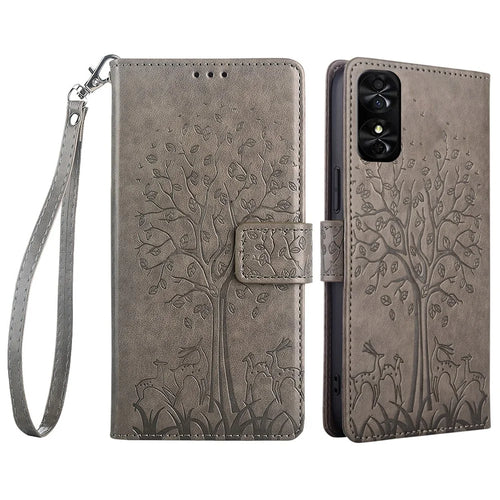 For TCL 50 SE Wallet Case PU Leather Deer Tree Pattern Phone Cover   - Grey - 1