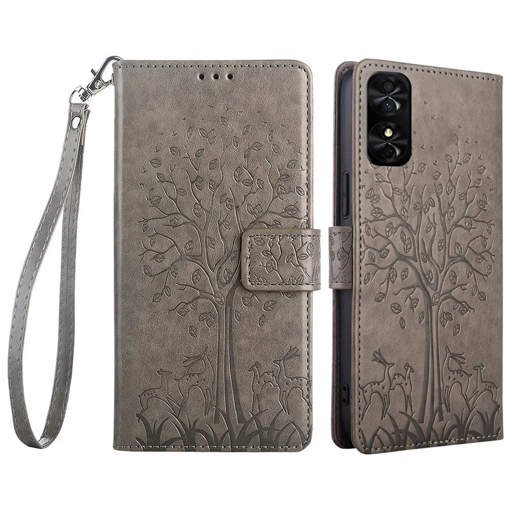 For TCL 50 SE Wallet Case PU Leather Deer Tree Pattern Phone Cover   - Grey - 1