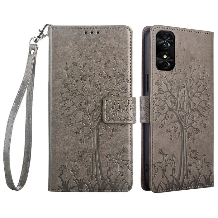 For TCL 50 SE Wallet Case PU Leather Deer Tree Pattern Phone Cover   - Grey - 1