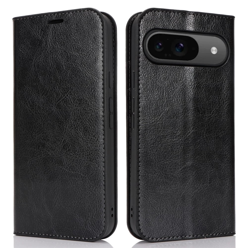 For Google Pixel 9 / Pixel 9 Pro Case Waxy Split Leather Wallet Stand Protective Phone Cover - Black - 1