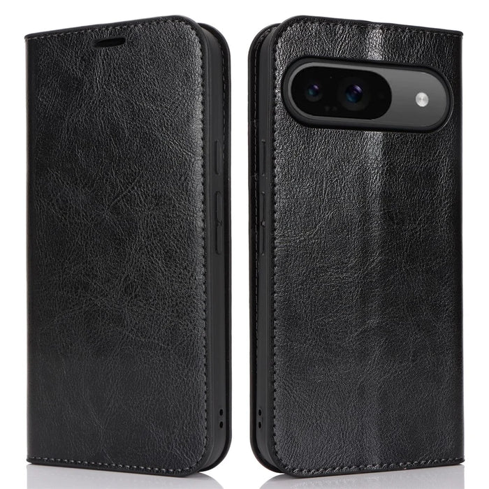 For Google Pixel 9 / Pixel 9 Pro Case Waxy Split Leather Wallet Stand Protective Phone Cover - Black - 1