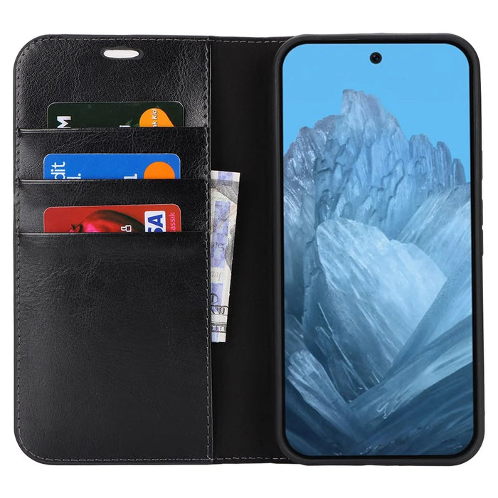 For Google Pixel 9 / Pixel 9 Pro Case Waxy Split Leather Wallet Stand Protective Phone Cover - Black - 2