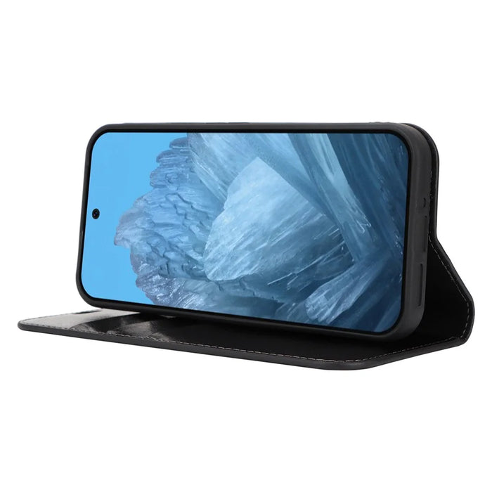 For Google Pixel 9 / Pixel 9 Pro Case Waxy Split Leather Wallet Stand Protective Phone Cover - Black - 3