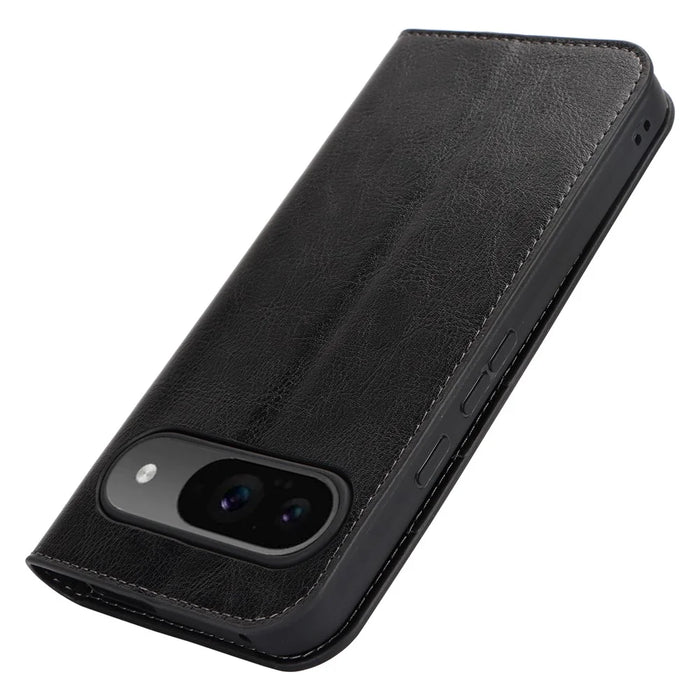 For Google Pixel 9 / Pixel 9 Pro Case Waxy Split Leather Wallet Stand Protective Phone Cover - Black - 6