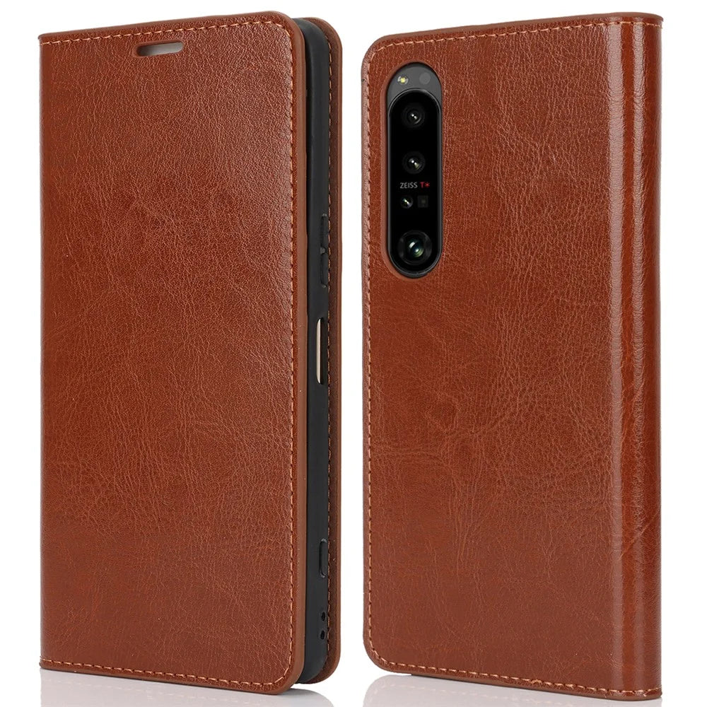 For Sony Xperia 1 VI Case Split Leather Wallet Card Slots Phone Cover Crazy Horse Texture - Light Brown - 1