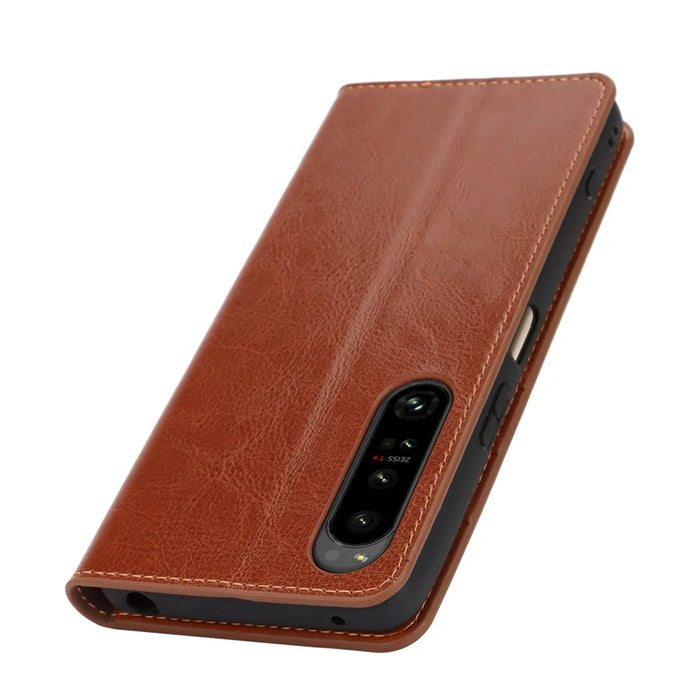 For Sony Xperia 1 VI Case Split Leather Wallet Card Slots Phone Cover Crazy Horse Texture - Light Brown - 7