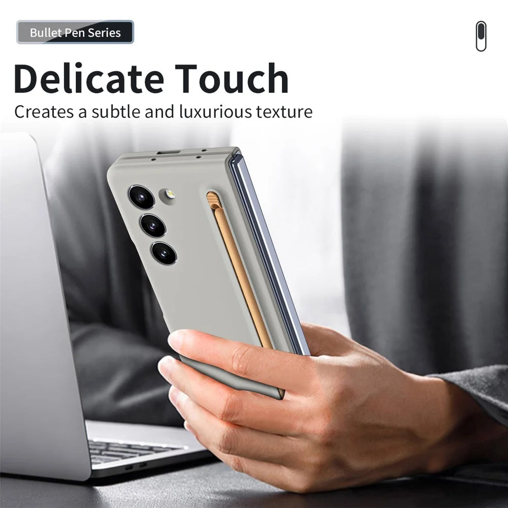 For Galaxy Z Fold6 5G Case Skin-Touch Hard PC Phone Cover with Tempered Glass Film and Stylus - Light Grey - 7