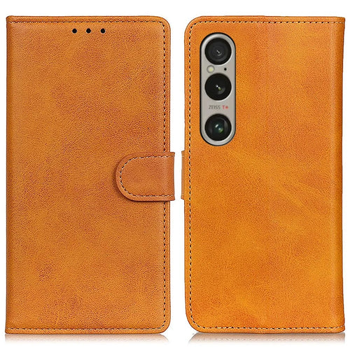 For Sony Xperia 1 VI Cell Phone Case Cowhide Texture Leather Wallet Full Protection Cover - Brown - 1