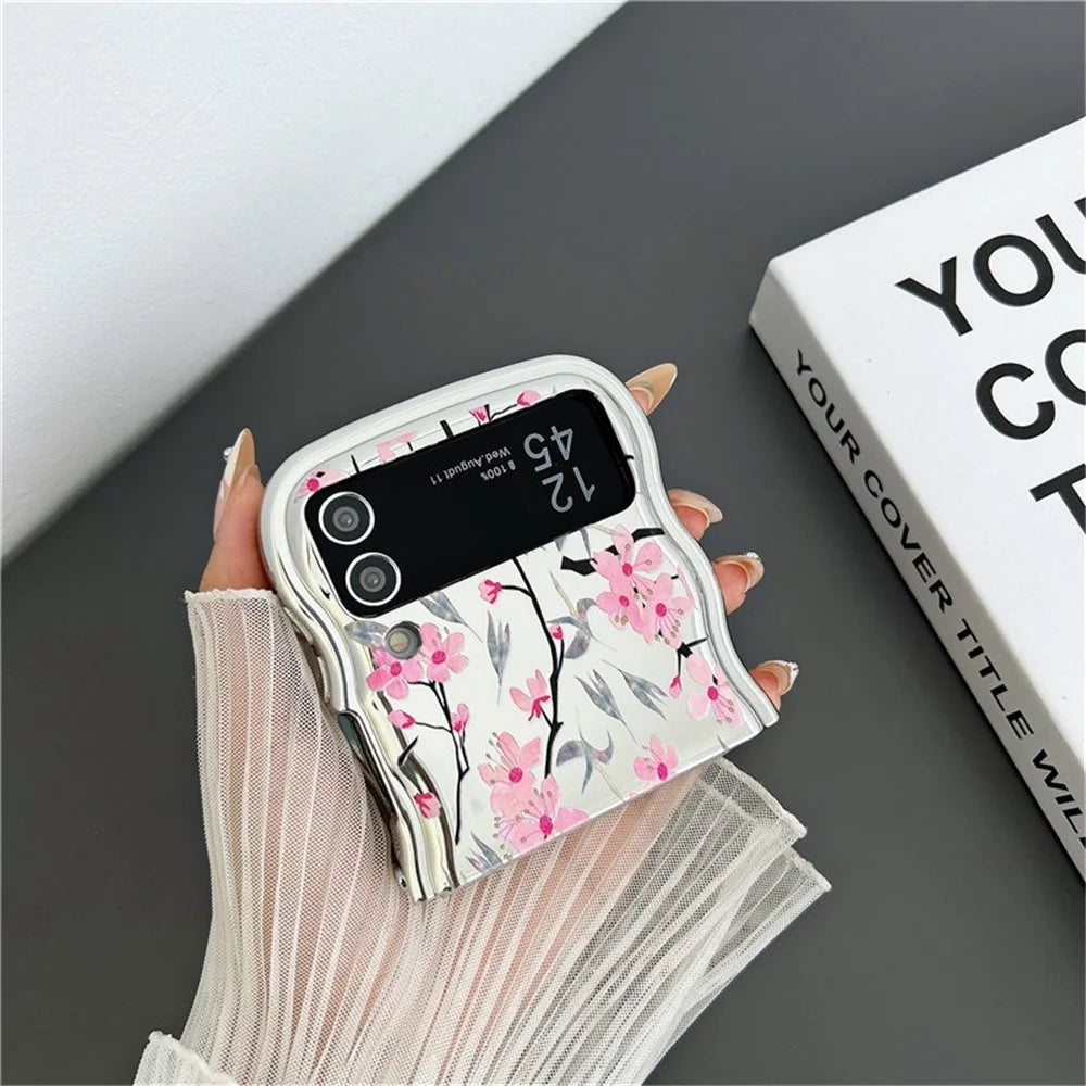 For Samsung Galaxy Z Flip3 5G Case Flower Pattern Electroplated Wavy Edge Soft TPU Phone Cover - Leaf and Flower - 3