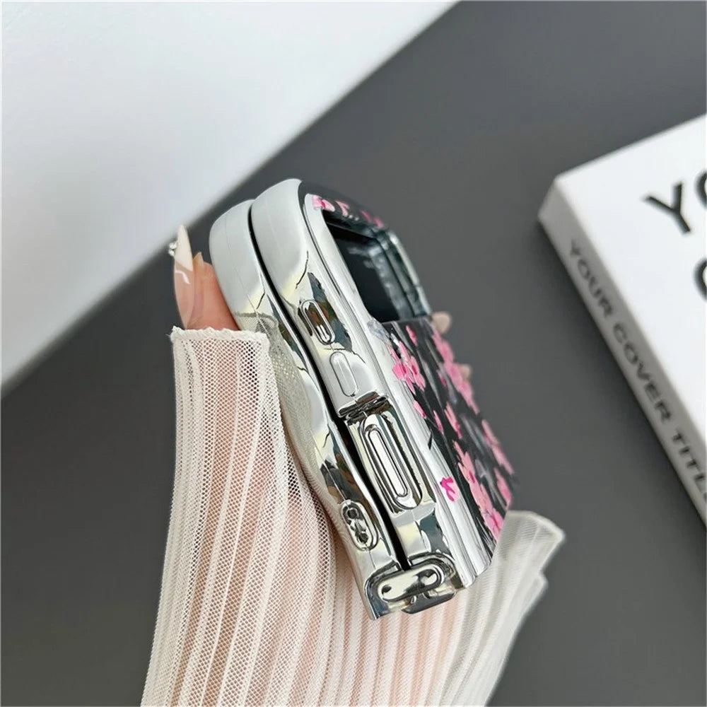 For Samsung Galaxy Z Flip3 5G Case Flower Pattern Electroplated Wavy Edge Soft TPU Phone Cover - Leaf and Flower - 4
