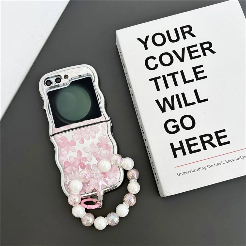 For Samsung Galaxy Z Flip5 5G TPU Case Flower Pattern Electroplated Wavy Edge Phone Back Cover with Beaded Wrist - Pink Flower - 1