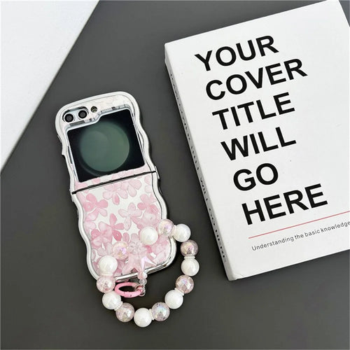 For Samsung Galaxy Z Flip5 5G TPU Case Flower Pattern Electroplated Wavy Edge Phone Back Cover with Beaded Wrist - Pink Flower - 1