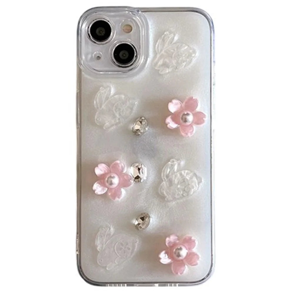 For iPhone 14 Case 3D Flower Rabbit Decor Drop Protection TPU+PC Epoxy Phone Cover - 1
