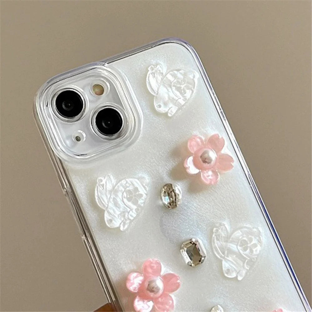 For iPhone 14 Case 3D Flower Rabbit Decor Drop Protection TPU+PC Epoxy Phone Cover - 3