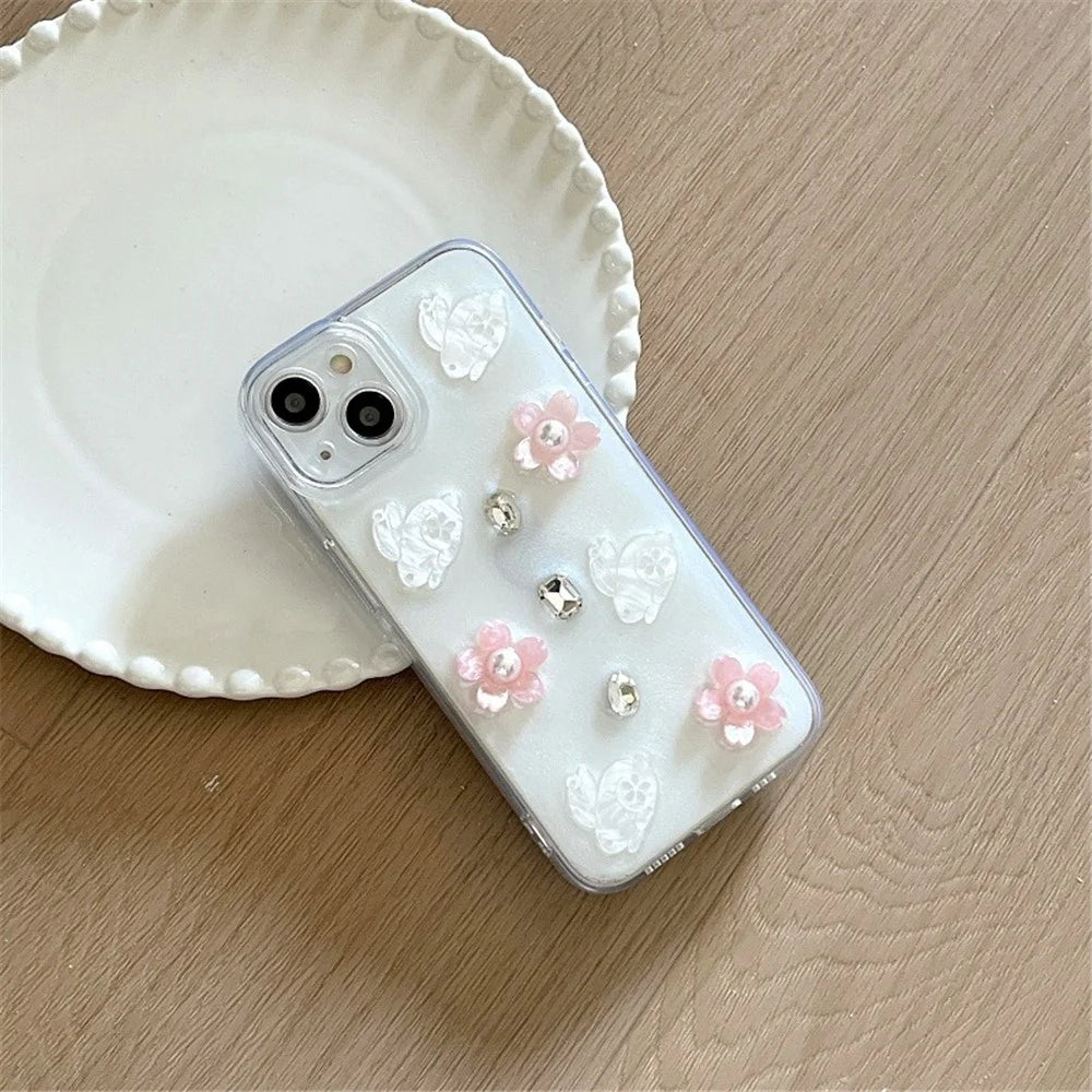 For iPhone 14 Case 3D Flower Rabbit Decor Drop Protection TPU+PC Epoxy Phone Cover - 5