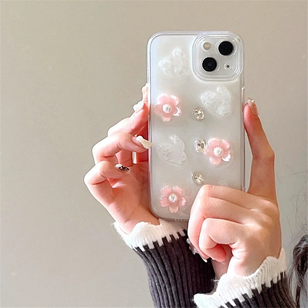 For iPhone 14 Case 3D Flower Rabbit Decor Drop Protection TPU+PC Epoxy Phone Cover - 7