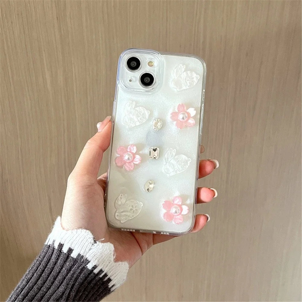 For iPhone 15 Epoxy Flower Phone Case Cell Phone Cover with Pearl Rhinestone Decors - 6