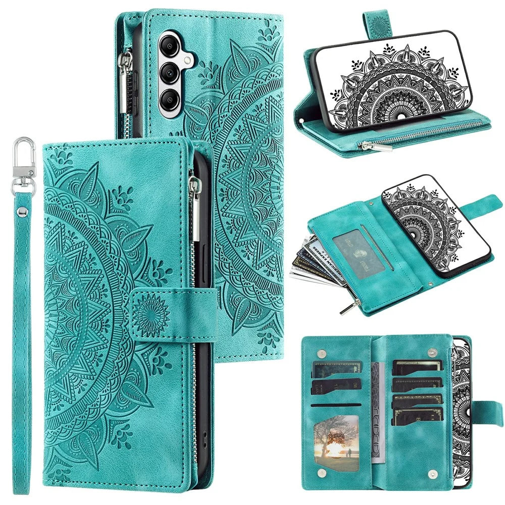 For Samsung Galaxy M55 5G / C55 5G / F55 5G Wallet Case Zipper Pocket Flip Leather Mandala Totem Phone Cover - Mint Green - 1
