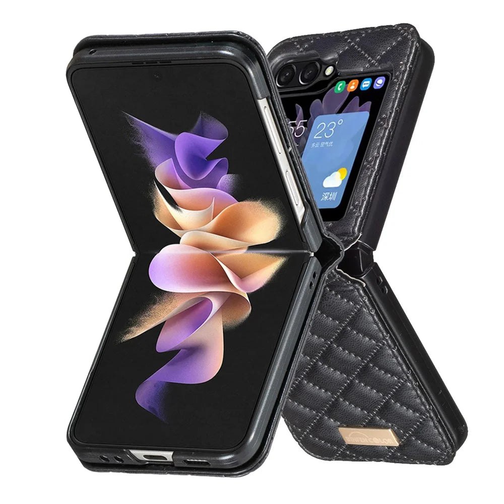 BINFEN COLOR For Samsung Galaxy Z Flip7 FE 5G / Z Flip6 5G / Z Flip5 5G Case Rhombus PU Leather Folding Phone Cover - Black - 1