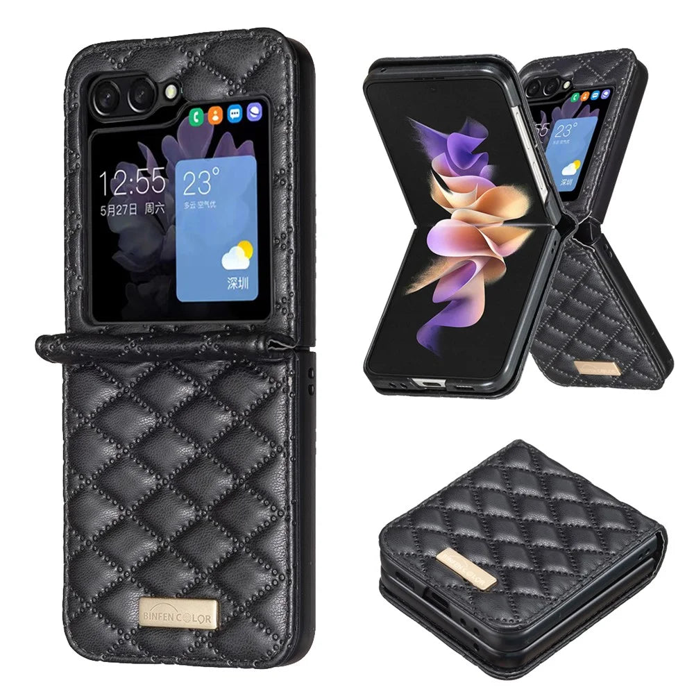 BINFEN COLOR For Samsung Galaxy Z Flip7 FE 5G / Z Flip6 5G / Z Flip5 5G Case Rhombus PU Leather Folding Phone Cover - Black - 2