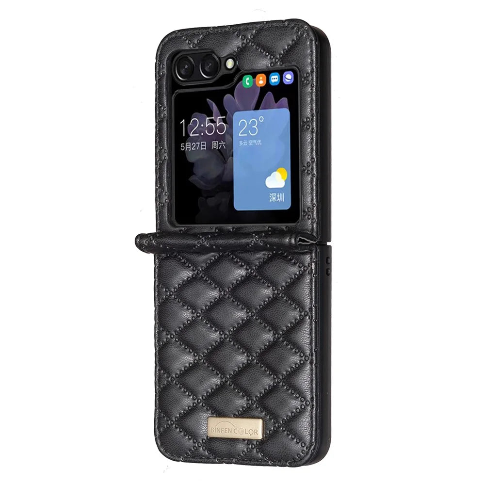 BINFEN COLOR For Samsung Galaxy Z Flip7 FE 5G / Z Flip6 5G / Z Flip5 5G Case Rhombus PU Leather Folding Phone Cover - Black - 3