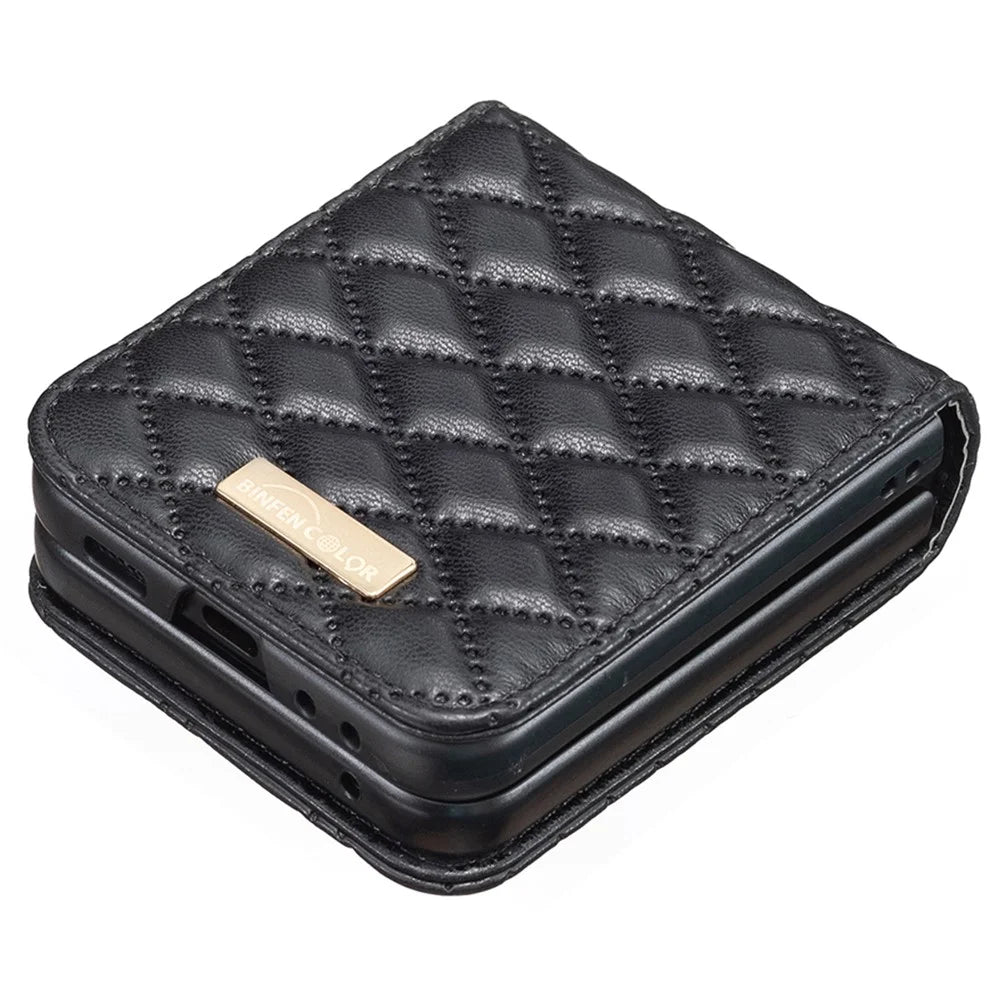 BINFEN COLOR For Samsung Galaxy Z Flip7 FE 5G / Z Flip6 5G / Z Flip5 5G Case Rhombus PU Leather Folding Phone Cover - Black - 4