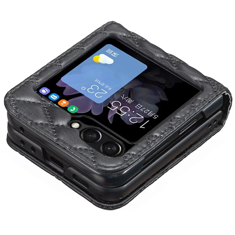 BINFEN COLOR For Samsung Galaxy Z Flip7 FE 5G / Z Flip6 5G / Z Flip5 5G Case Rhombus PU Leather Folding Phone Cover - Black - 5