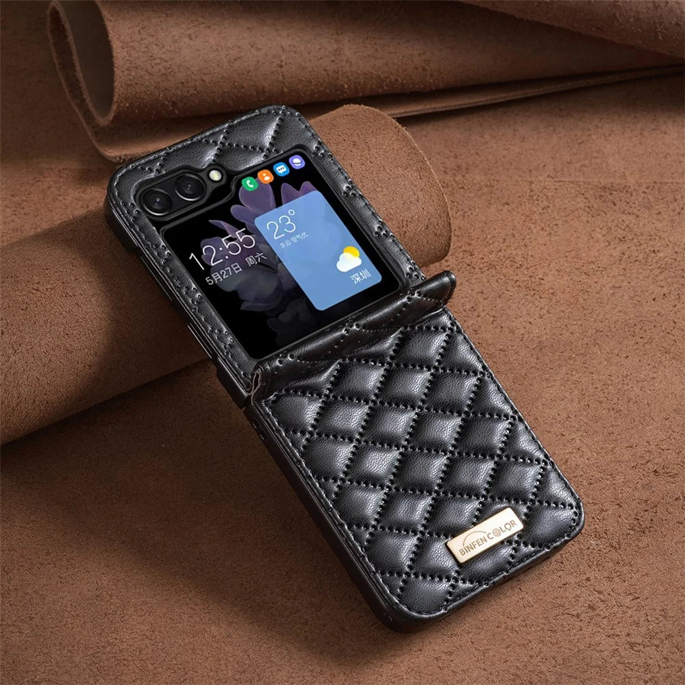 BINFEN COLOR For Samsung Galaxy Z Flip7 FE 5G / Z Flip6 5G / Z Flip5 5G Case Rhombus PU Leather Folding Phone Cover - Black - 6