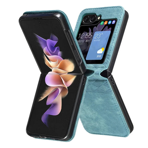 For Samsung Galaxy Z Flip7 FE 5G / Z Flip6 5G / Z Flip5 5G Case Grid Pattern Imprint Leather Shockproof Phone Cover - Green - 1