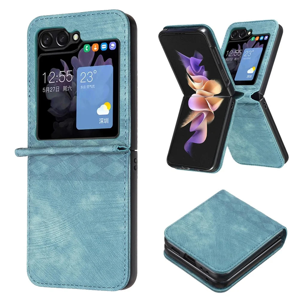 For Samsung Galaxy Z Flip7 FE 5G / Z Flip6 5G / Z Flip5 5G Case Grid Pattern Imprint Leather Shockproof Phone Cover - Green - 2