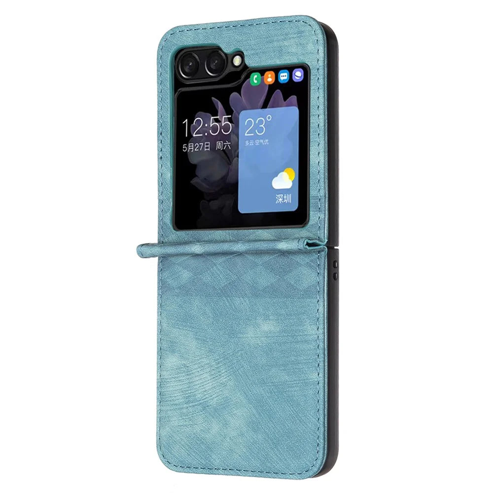 For Samsung Galaxy Z Flip7 FE 5G / Z Flip6 5G / Z Flip5 5G Case Grid Pattern Imprint Leather Shockproof Phone Cover - Green - 3