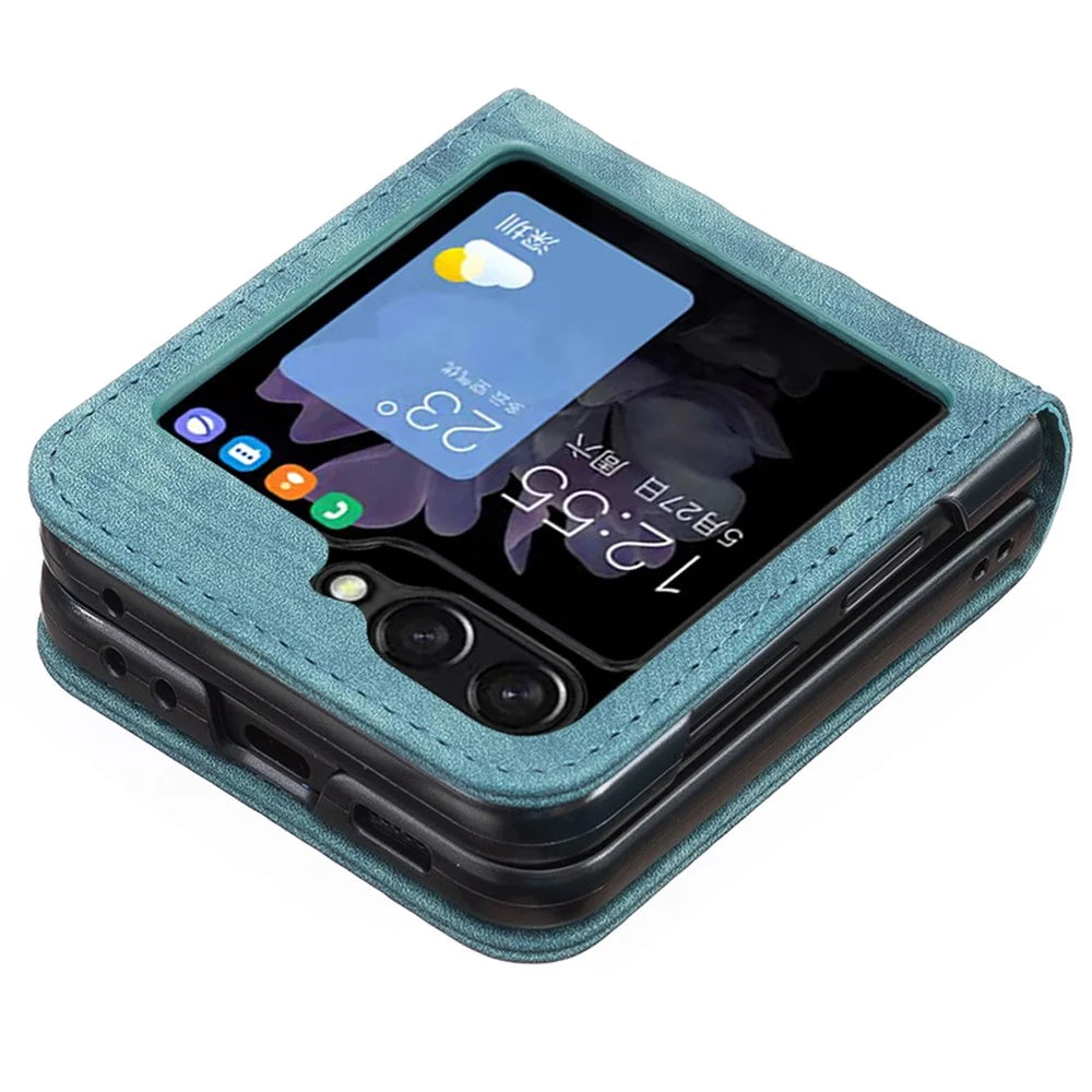 For Samsung Galaxy Z Flip7 FE 5G / Z Flip6 5G / Z Flip5 5G Case Grid Pattern Imprint Leather Shockproof Phone Cover - Green - 5