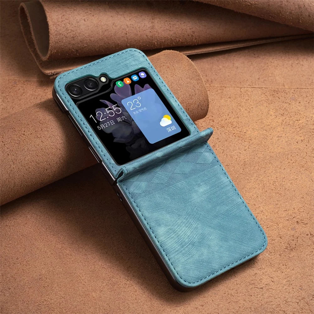 For Samsung Galaxy Z Flip7 FE 5G / Z Flip6 5G / Z Flip5 5G Case Grid Pattern Imprint Leather Shockproof Phone Cover - Green - 6