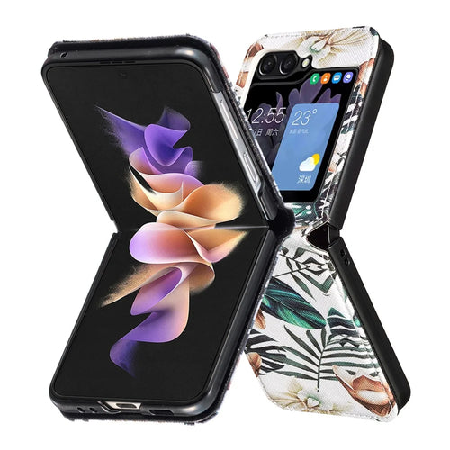 For Samsung Galaxy Z Flip7 FE 5G / Z Flip6 5G / Z Flip5 5G Case Pattern Print PU Leather Phone Shell - Leaves and Flowers - 1