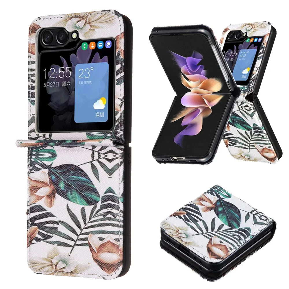 For Samsung Galaxy Z Flip7 FE 5G / Z Flip6 5G / Z Flip5 5G Case Pattern Print PU Leather Phone Shell - Leaves and Flowers - 2