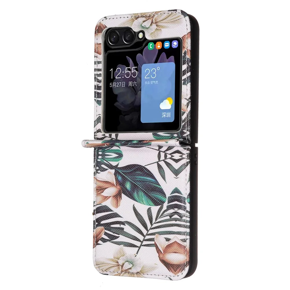 For Samsung Galaxy Z Flip7 FE 5G / Z Flip6 5G / Z Flip5 5G Case Pattern Print PU Leather Phone Shell - Leaves and Flowers - 3