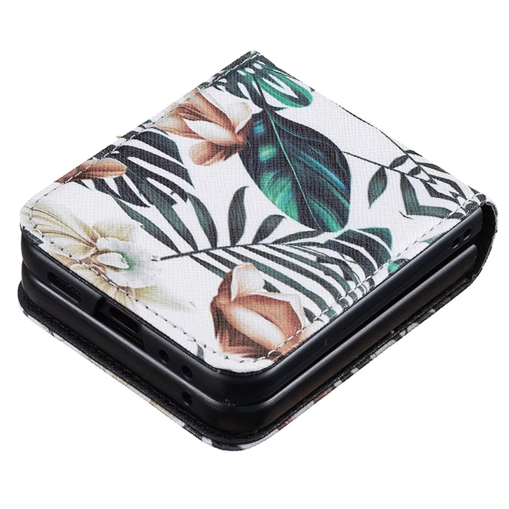 For Samsung Galaxy Z Flip7 FE 5G / Z Flip6 5G / Z Flip5 5G Case Pattern Print PU Leather Phone Shell - Leaves and Flowers - 4