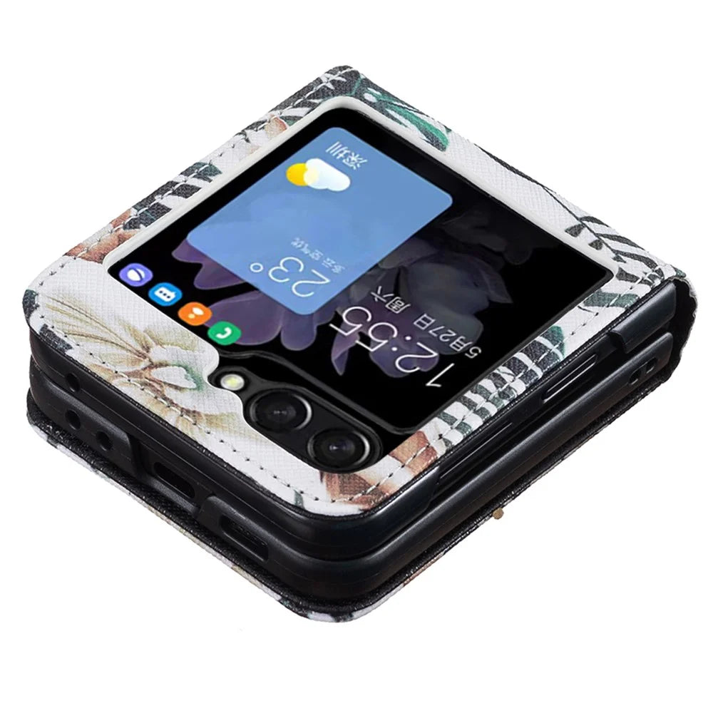 For Samsung Galaxy Z Flip7 FE 5G / Z Flip6 5G / Z Flip5 5G Case Pattern Print PU Leather Phone Shell - Leaves and Flowers - 5
