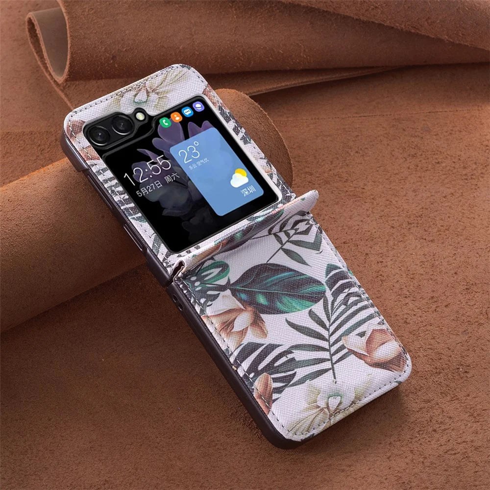 For Samsung Galaxy Z Flip7 FE 5G / Z Flip6 5G / Z Flip5 5G Case Pattern Print PU Leather Phone Shell - Leaves and Flowers - 6