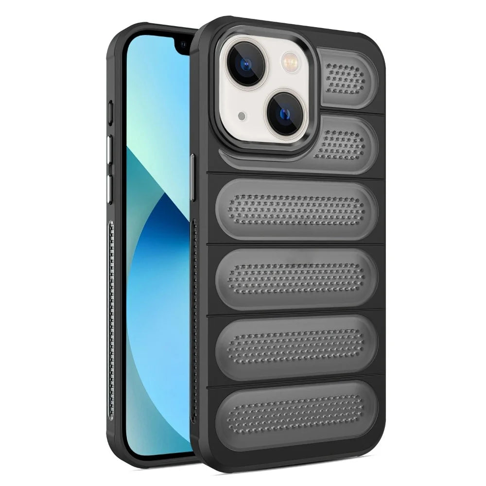 For iPhone 14 Case Mesh Breathable PC+TPU Translucent Matte Back Phone Cover - Black - 1