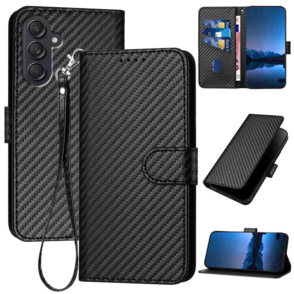 YX0070 For Samsung Galaxy M55 5G / C55 5G / F55 5G Wallet Case Carbon Fiber Texture Leather Phone Cover - Black - 1