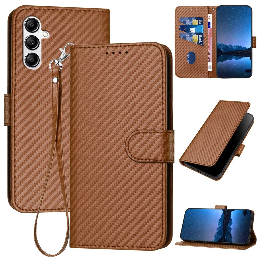 YX0070 For Samsung Galaxy A14 4G / 5G Leather Case Carbon Fiber Texture Flip Phone Cover - Coffee - 1