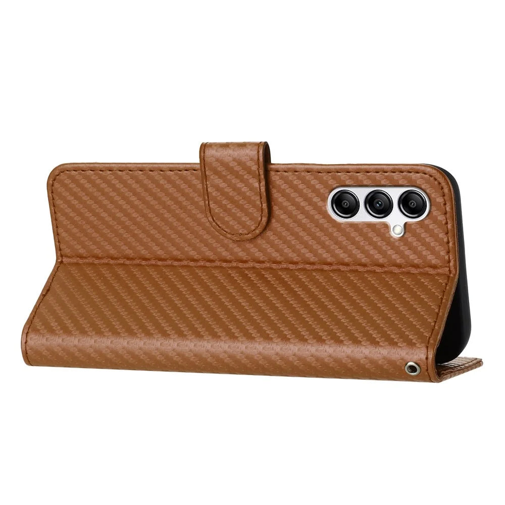 YX0070 For Samsung Galaxy A14 4G / 5G Leather Case Carbon Fiber Texture Flip Phone Cover - Coffee - 4